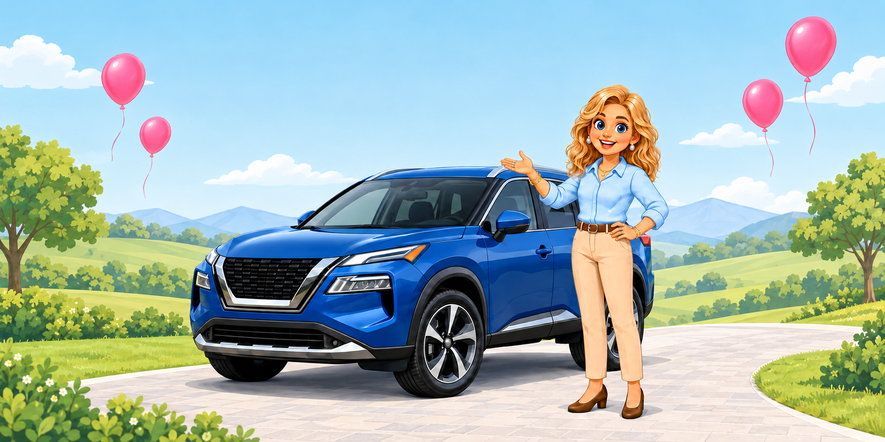 Illustration of Miss D, a smiling woman driver, standing beside her blue SUV on a green hillside with pink balloons in the sky