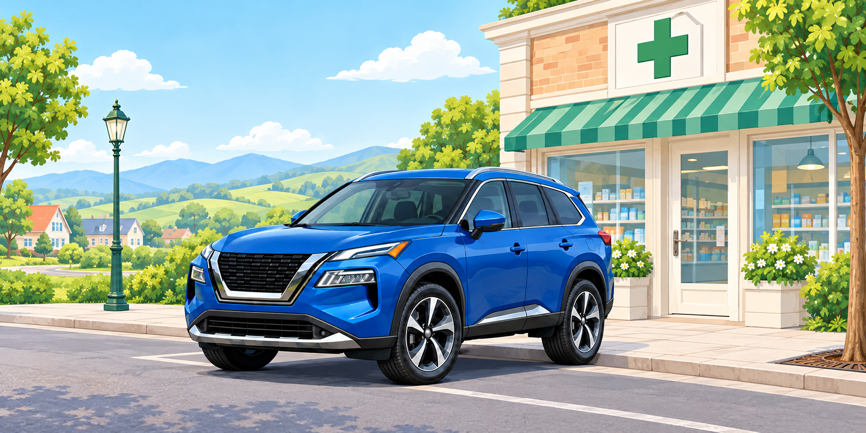 Illustration of Miss D's blue SUV parked at the curb outside a small-town pharmacy on a sunny day